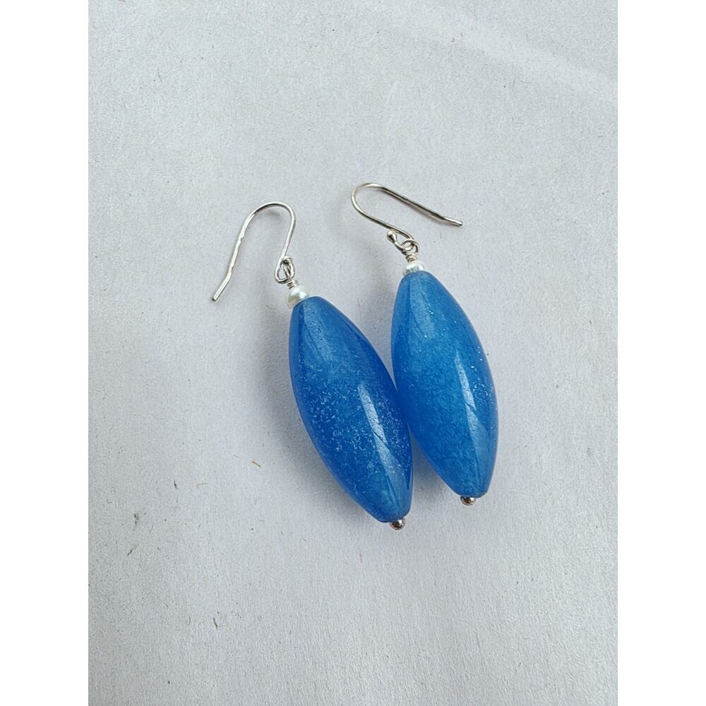 GSJ New Sterling Silver‎ Dangle Earrings Blue Agate Stone Stamped 925